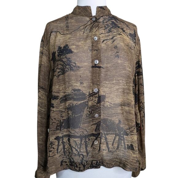 Chico's Asian Print Sheer Brown Mandarin Collar Button Calligraphy Top Small - Picture 6 of 10